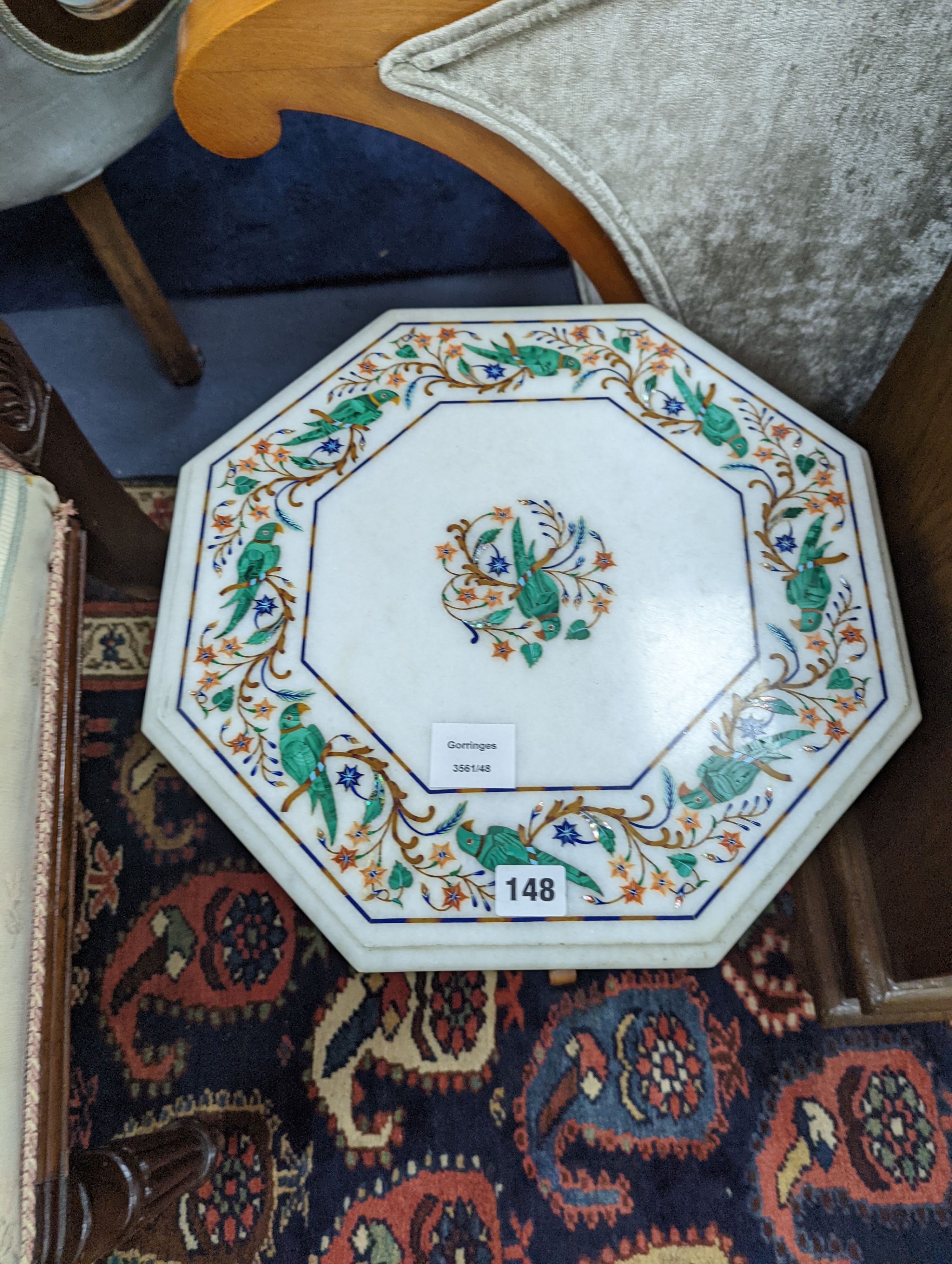 An Indian hardstone inlaid octagonal marble topped occasional table, width 38cm, height 47cm